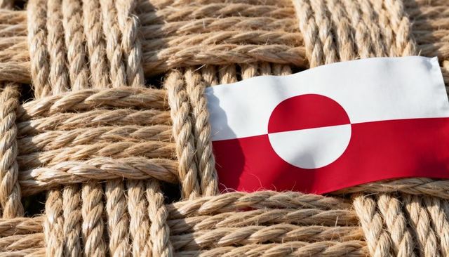 Greenland flag lying on woven natural rope lattice close-up texture nautical maritime concept