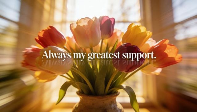 Sunlit tulip bouquet in rustic ceramic vase with inspirational text overlay