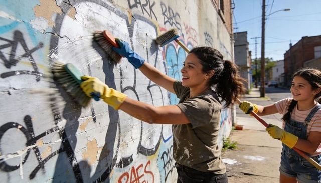 Volunteer woman and girl scrubbing graffiti from urban masonry wall on sunny street