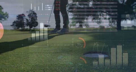 Golfer aligning putter with data-driven digital overlays