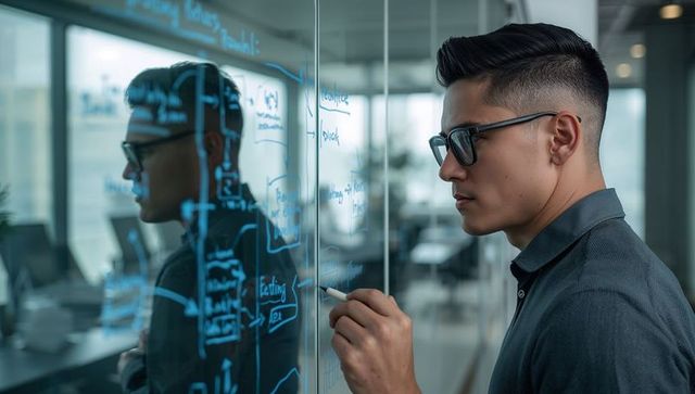 Young professional drawing flowchart on glass partition in modern office for team planning