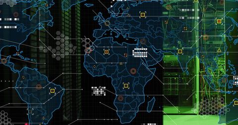 World Map Overlay on Server Room with Abstract Data Patterns - Download Free Stock Images Pikwizard.com