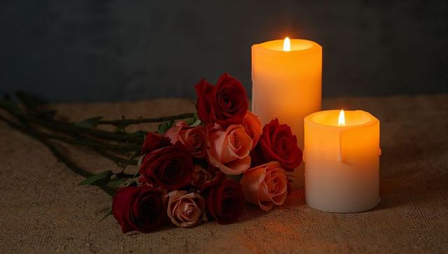Burning candles beside red and peach rose bouquet creating warm romantic mood