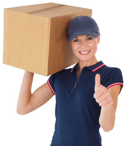 Transparent smiling delivery woman with box giving thumbs up