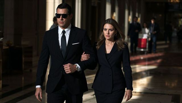 Power Couple Walking Through Luxury Hotel Lobby in Matching Black Business Attire