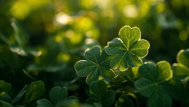 Heart-Shaped Clover Leaves Glowing in Golden Morning Light with Dew, Bokeh, Macro