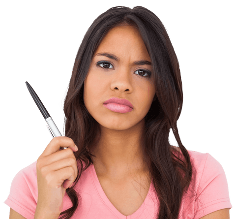 Thoughtful Biracial Woman Holding Pen on Transparent Background