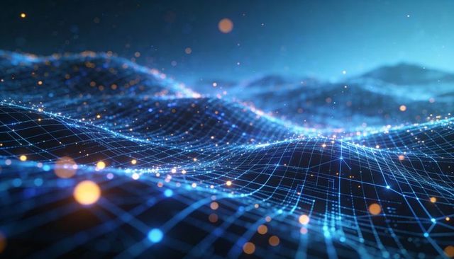 Undulating Neon Blue Wireframe Wave Grid, Lit Nodes, Futuristic Data Network Visualization