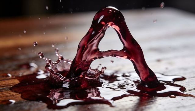 Rising crimson wine splash forming arch and crown on rustic wooden tabletop