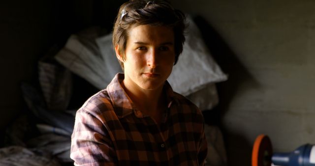 Young Woman in Plaid Shirt Looking Confidently at Camera Indoors - Download Free Stock Images Pikwizard.com