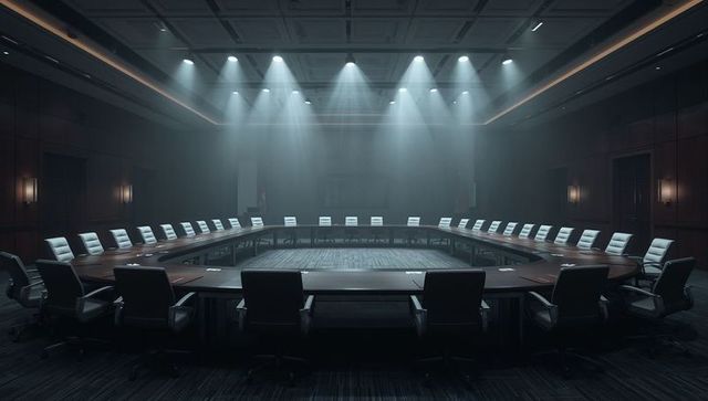 Executive oval boardroom with dramatic spotlights and dark wood paneling