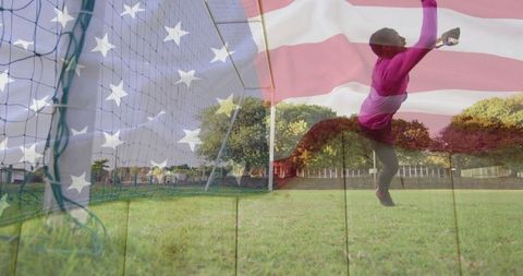 Goalkeeper Diving Save in Vibrant Pink against USA Flag Overlaid