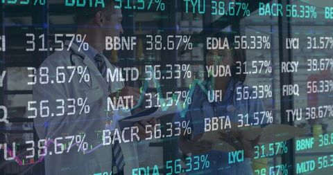 Clinicians Reviewing Medical Analytics with Financial Market Data Overlay
