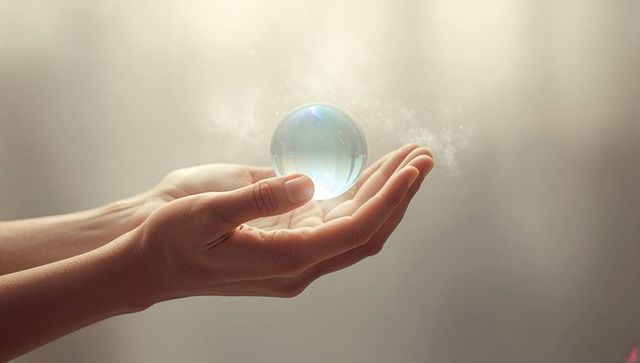 Cradling hands holding glowing crystal sphere with soft mist and warm light