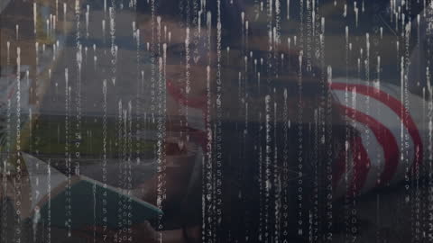 Student Surrounded by Digital Data Overlay in Library