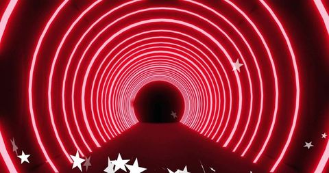 Red Neon Concentric Tunnel Leading to Dark Portal with Reflective Floor and Star Confetti