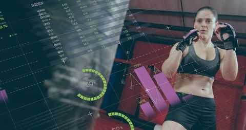 Female Fighter Training with Technological Fitness Analysis Overlay