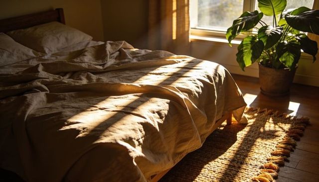 Sunlit linen bedroom with rumpled duvet, braided rug and potted plant for cozy interiors