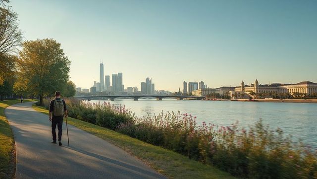 Man walking along riverside path at golden hour with backpack and cane, city skyline