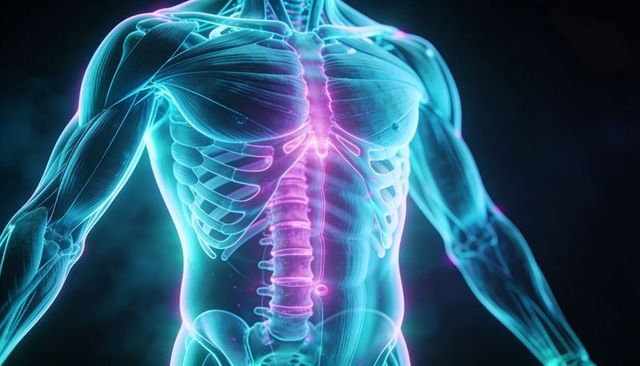 Glowing 3d torso highlighting thoracic spine and ribcage in neon cyan and magenta