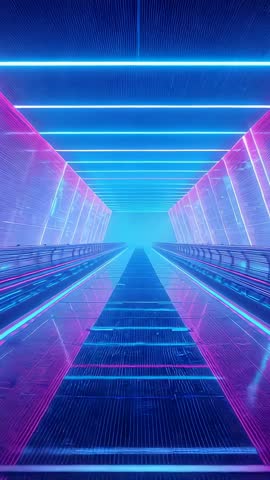 Gliding neon tunnel vertical video with magenta panels and cyan cyberpunk lights