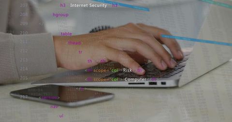 Man typing on laptop with cybersecurity code overlay analyzing risk and data protection