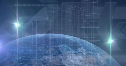 Futuristic holographic earth rotating over wireframe schematics and interface overlay