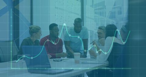 Business Team Collaborating on Data Analysis with Chart Overlay