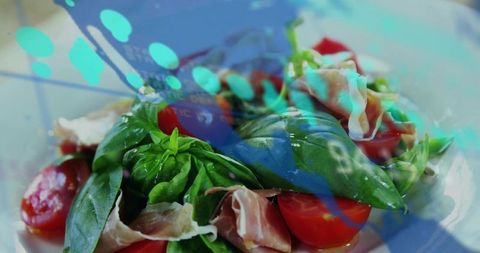 Rustic basil cherry tomato prosciutto salad with mozzarella, oil drizzle and teal overlay