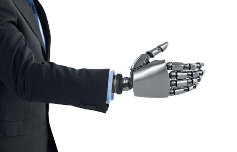 Businessman's arm replaced with transparent robotic limb