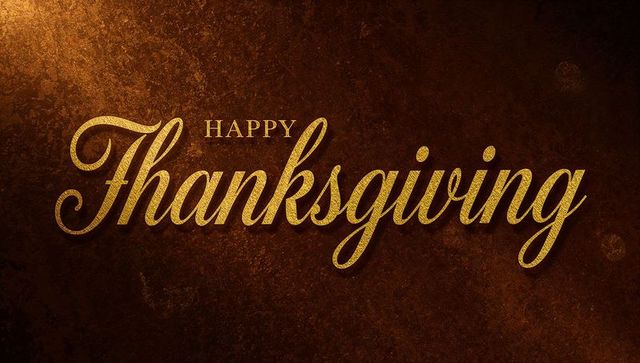 Golden happy thanksgiving script on rustic brown backdrop with embossed metallic texture