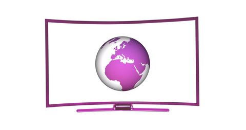 a modern curved tv screen displays a purple-toned globe, symbolizing global connectivity and digital information spread. perfect for illustrating themes around media, technology, and international communication platforms. could be used in business presentations, media company advertising, technology blogs, and educational materials discussing global networks.