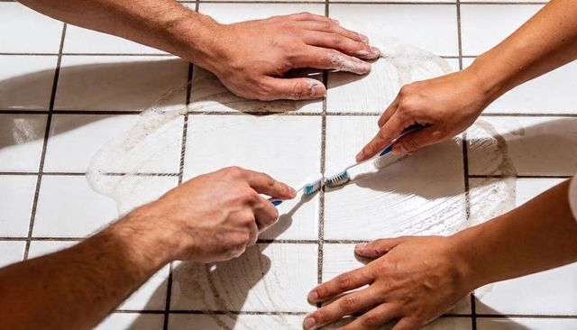 Hands scrubbing stained tile grout using toothbrushes and soap foam