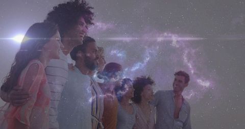 Friends linking arms under cosmic nebula