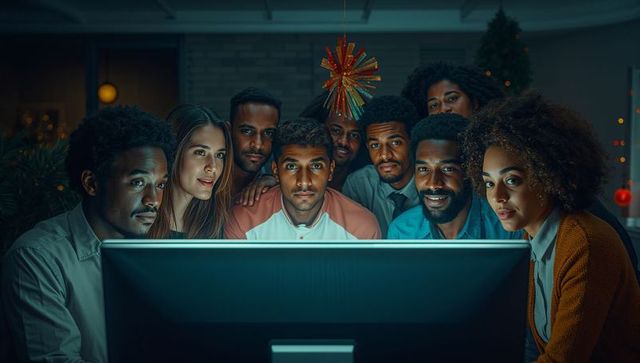 Diverse Team Collaborating on Technology in Festive Office