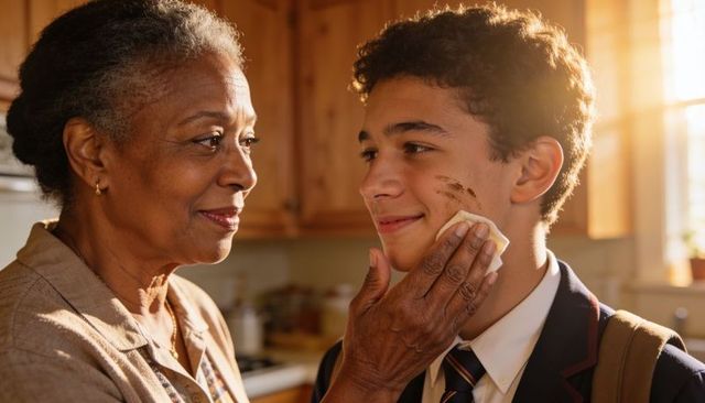Grandmother wiping chocolate from teen boy cheek while smiling in sunlit kitchen morning