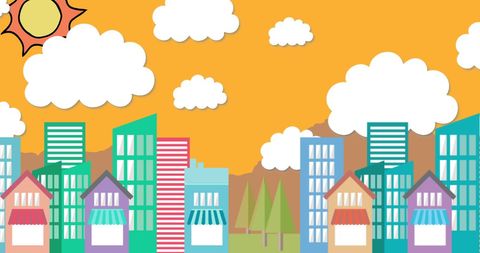 Dynamic cityscape illustration with bright sunshine and clouds