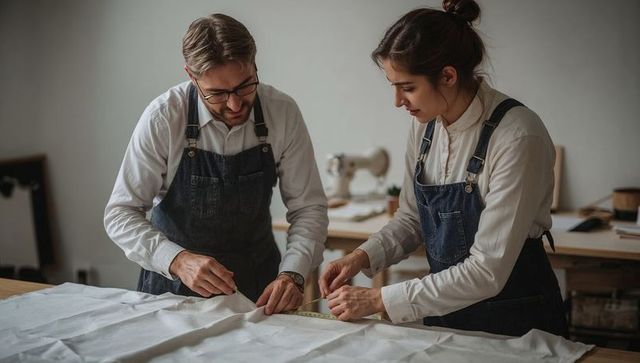 Tailors collaborating, measuring and marking fabric on worktable in artisan sewing studio