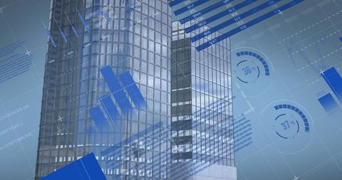 Holographic Infographics Overlaying Modern Skyscraper - Download Free Stock Images Pikwizard.com