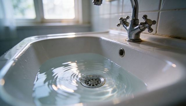 Porcelain sink filling with clear water and ripples under chrome faucet in soft sunlight