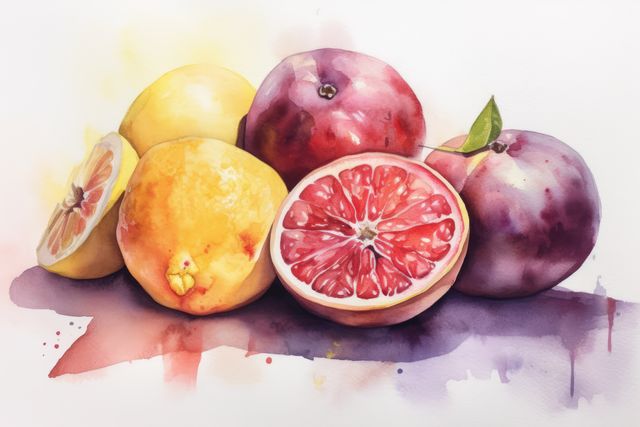 Watercolour with close up of sliced grapefruit and fruit, created using generative ai technology. Watercolour, fruit and still life painting concept digitally generated image.
