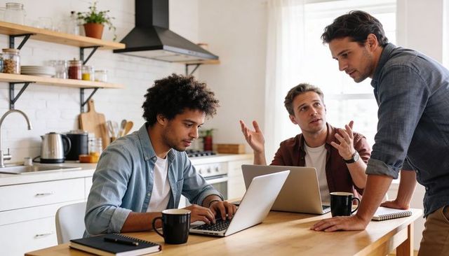Collaborating remote work team meeting in modern kitchen with laptops and coffee mugs