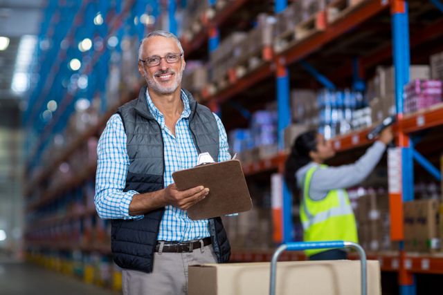 Warehouse manager smiling and holding clipboard in warehouse. Ideal for illustrating logistics, inventory management, and warehouse operations. Useful for business presentations, supply chain management materials, and industrial training resources.