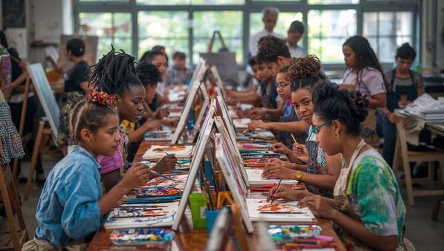 Teen painting workshop in bright art studio — collaborative classroom creativity