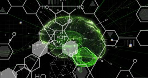 Futuristic digital brain with chemical molecules and green glow