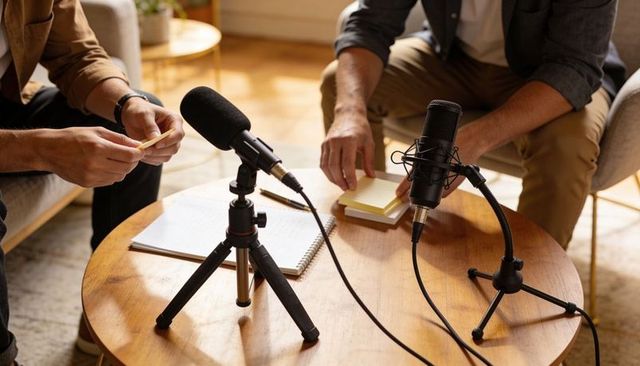 Preparing conversational podcast setup with microphones, notebooks and sticky notes