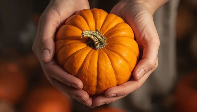 Cupping Female Hands Holding Small Orange Pumpkin Close-Up for Autumn Harvest