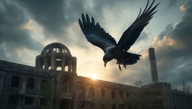 Solitary Bird Gliding Past Ruin at Dusk