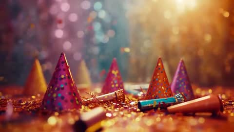 Festive Party Scene with Colorful Hats and Confetti