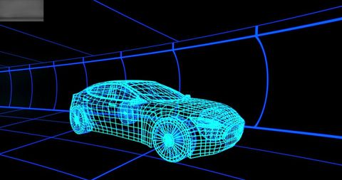 Futuristic Digital Wireframe Car Model in Technological Tunnel